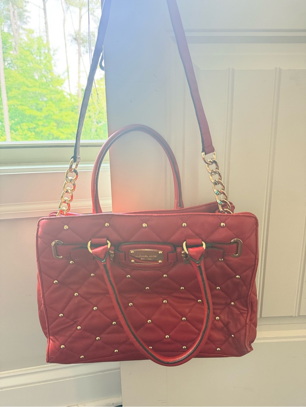 Michael kors Quilted Red Women's Tote Bag with Gold stud accents